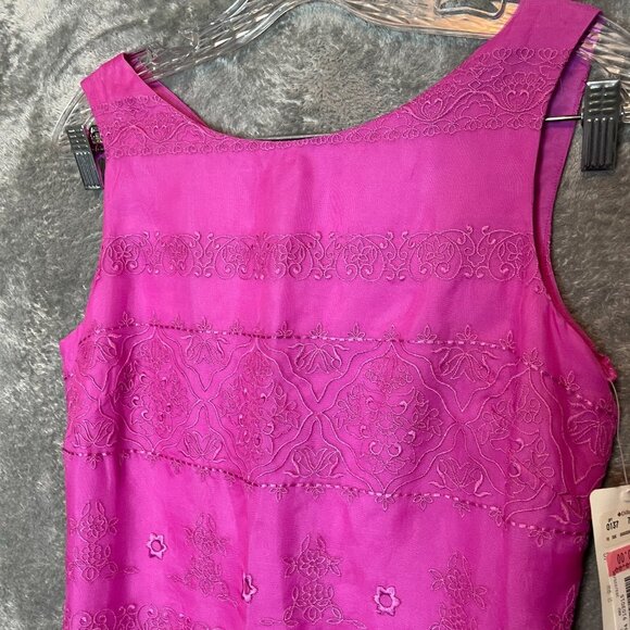 Vtg David Warren Women Embroidered Retro 60s Fuchsia Pink Silk Sheath Dress 6 - Picture 3 of 12